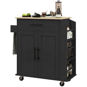 Portable Kitchen Island, Charging Kitchen Storage Island w/ Wheels, Spice Rack & Drawer, Kitchen Cart for Home, Black